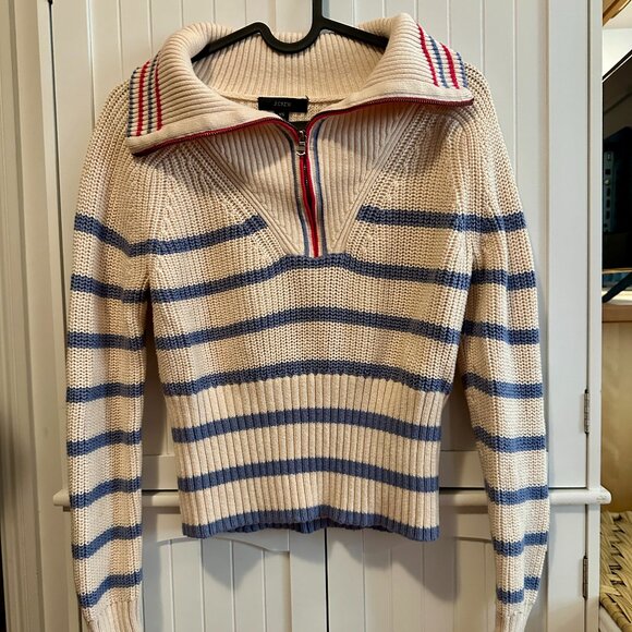 J.Crew Cotton-Cashmere Ivory Pullover in Blue and Red Stipe XS - Picture 2 of 3